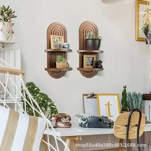 Wooden <b>Wall</b> <b>Mounted</b> <b>Shelf</b> Arched Bohemian Style Double Layer Solid Wood Decorative Bookshelf For Living Room Storage - Product Image 3