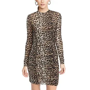 Hoge Kwaliteit Jurk Merken Vrouwen Lange Mouwen Ingericht Nauwsluitende Tiger Cheetah Print Jurk