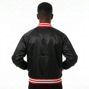 Men's Black Bomber Jacket Red White Trim <b>Turn</b>-down Collar Regular Fit Casual Style Genuine Leather Breathable Windproof Vintage - Product Image 2