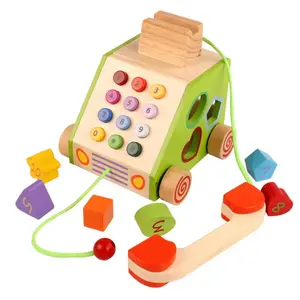 Kinder Holzform passend ziehen ziehen Fahrzeug Kinder so tun, als würden sie Telefon Spielzeug Baby Lernspiel zeug spielen