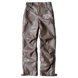 Streetwear High Waist Button Leather Pu <b>Flare</b> Sweat <b>Trousers</b> Heavy Weight Oversized Retro Faux Leather Stacked Pants <b>Men</b> - Product Image 5