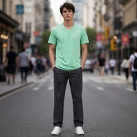 T-shirt col en V pour homme, manches courtes, vert menthe uni, coupe classique, tricot lisse, personnalisable, vente en gros