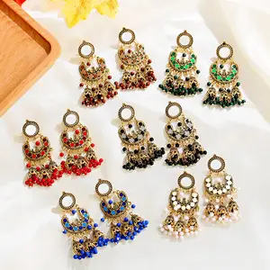 Douvei Indian Oxidized Gold Plated Beads Sublimation Reflective Stud Earrings Chandelier Gold Polki Jhumki Jhumka Earrings