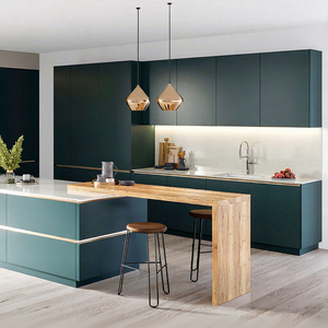 <span class=keywords><strong>Isola</strong></span> Cucina OPPOLIA Senza Maniglie, Design Moderno Blu-Verde, Top in Legno con Piano in Quarzo Bianco - Product Image 1