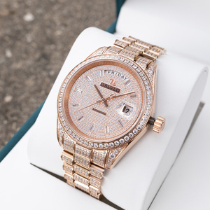 Oblvlo Men's Full Diamond Rose Gold <b>Mechanical</b> <b>Watch</b> Automatic Date Stainless Steel Bracelet 12mm Case - Product Image 1