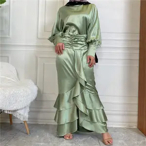 Etnische Kleding Mode Dik Satijn Hoge Hals Elastische Geplooide Taille Moslim Abaya Vrouwen Dubai Abaya Set Met 3 Lagen Geplooid