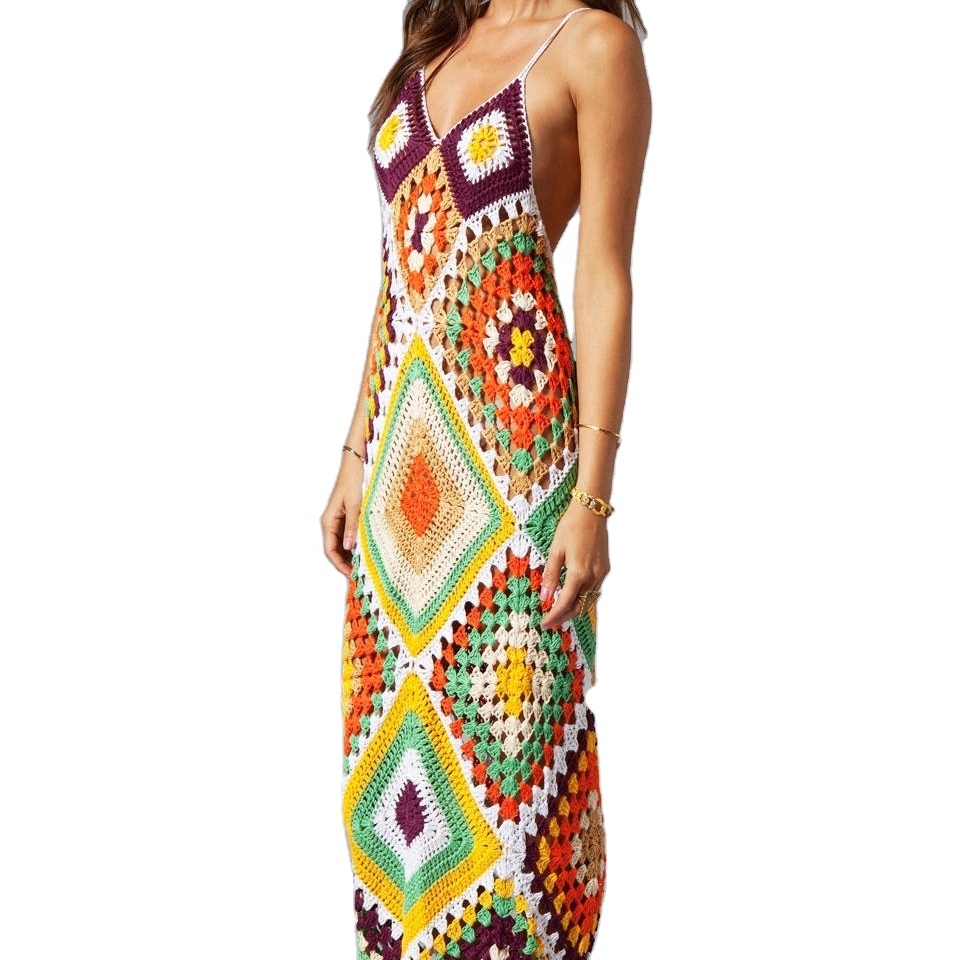 Оптовая продажа, длинное женское вязаное крючком платье с открытой спиной в стиле бохо, Макси женские летние вязаные пляжные платья
