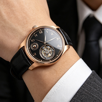 Montre mécanique pour homme de luxe en or rose avec tourbillon, cadran noir, affichage jour/nuit, montre automatique de haute qualité pour les affaires
