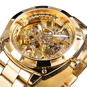 Fashion jam tangan mekanis otomatis pria, jam tangan pria mewah merek terkenal, Stainless Steel, jam tangan Skeleton otomatis 1091