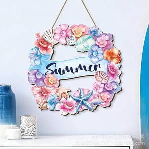 Couronne de plage hawaïenne d'été en bois, ronde, colorée, avec décorations de coquillages, panneau décoratif à suspendre pour la maison - Product Image 2