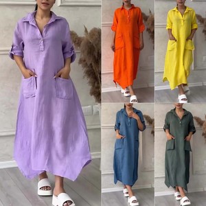 Robes chemises décontractées pour femmes, en coton et lin, couleur unie, avec poche à revers, tendance - Product Image 2