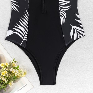 Maillot de bain une pièce imprimé patchwork pour femme avec fermeture éclair, effet amincissant et contrôle du ventre, tailles S-M-L-XL, en fibre de polyester - Product Image 4