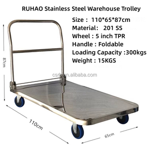 RH-WT01-7 1100*650*870mm 300kg <strong>Big</strong> Size Hand Push <strong>Cart</strong> 201 /304 Stainless Steel Foldable Warehouse Trolley - Product Image 2