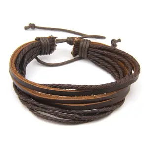男士黑色和棕色可调牛皮编织绳手链饰品个性化男士皮革手链