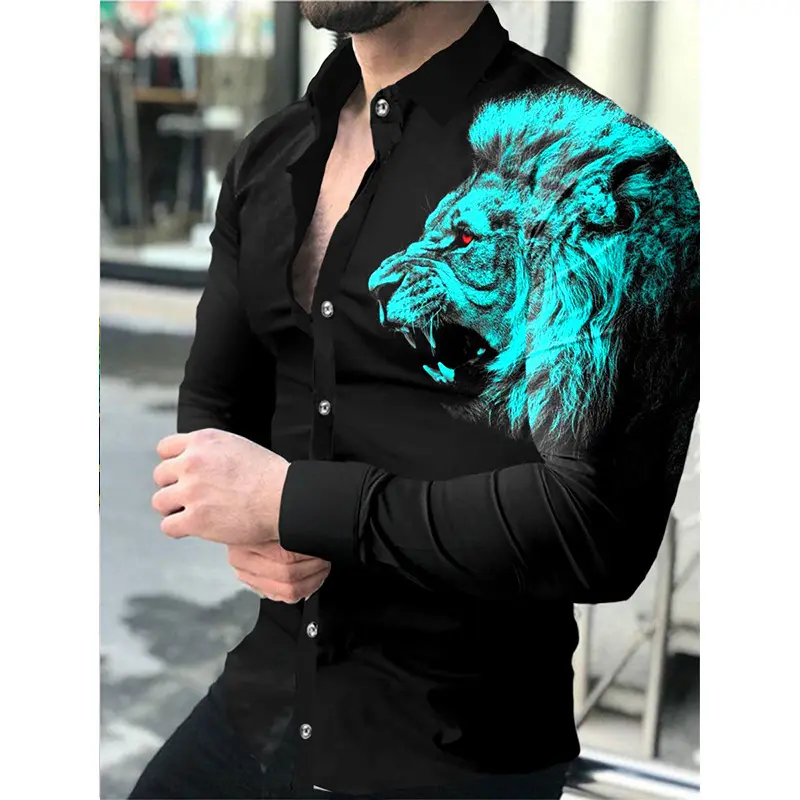 Camisa con estampado digital de León para hombre, cárdigan de manga larga resistente a las arrugas, 2022 de poliéster, tops de Hip-pop para otoño, novedad