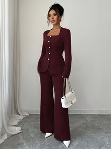 Elegante Completo Bordeaux da Donna: Stile Semplice con Pantaloni Lunghi e Scollo Quadrato a Maniche Lunghe, Tessuto Intrecciato, <span class=keywords><strong>Look</strong></span> Casual Primaverile - Product Image 6