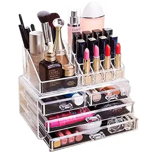 Organizador acrílico para joyero, organizador de maquillaje con cajones, caja de almacenamiento de maquillaje, organizador de pestañas para lápices labiales apilables