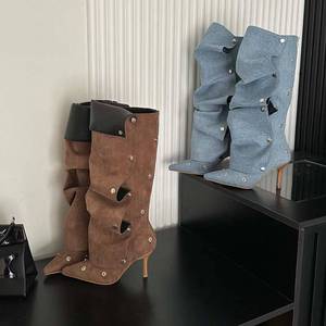 Removable Buttons Decorated Fashion Botas Para Mujer Thin Heel Knee High Denim <b>Boots</b> for Women Shoes - Product Image 3