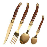 Service de table Laguiole rétro de luxe, style américain, en acier inoxydable, incrustation dorée, passe au lave-vaisselle, couteau à steak, fourchette, cuillère à soupe