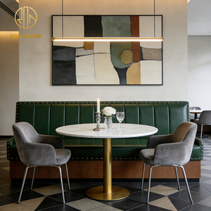 Muebles de Restaurante Modernos de Mediados de Siglo, Banqueta de Cuero Verde a Rayas y Sillas de Terciopelo Gris con Mesa de Piedra para Cafetería - Product Image 2