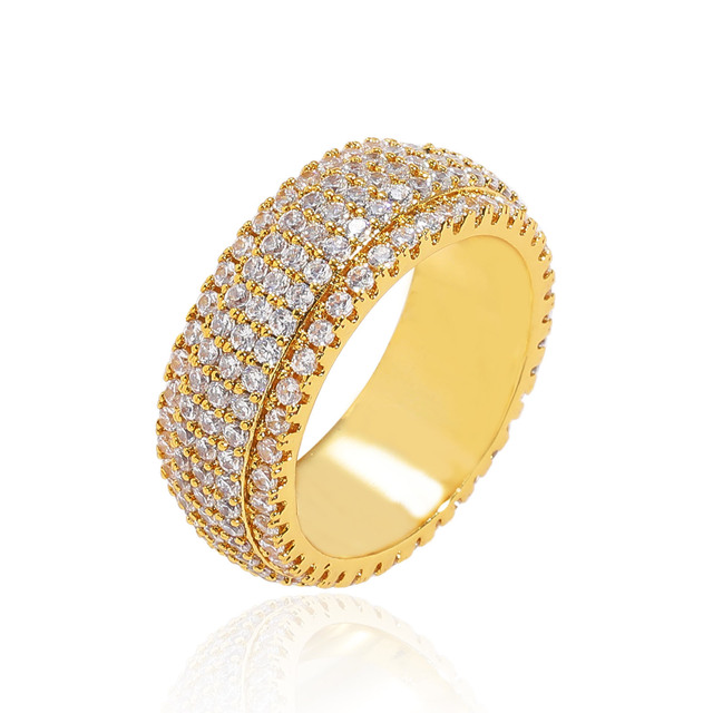 BES 9mm Iced Out 5 Rows CZ Brass Round Ring 14K Gold Plated Geometric Fashion Hip Hop Jewelry for Women Men