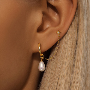 CANNER Boucles d'oreilles créoles classiques en argent 925 avec perles, manchette d'oreille, chaîne à pampilles et clous d'oreilles étoile - Product Image 5