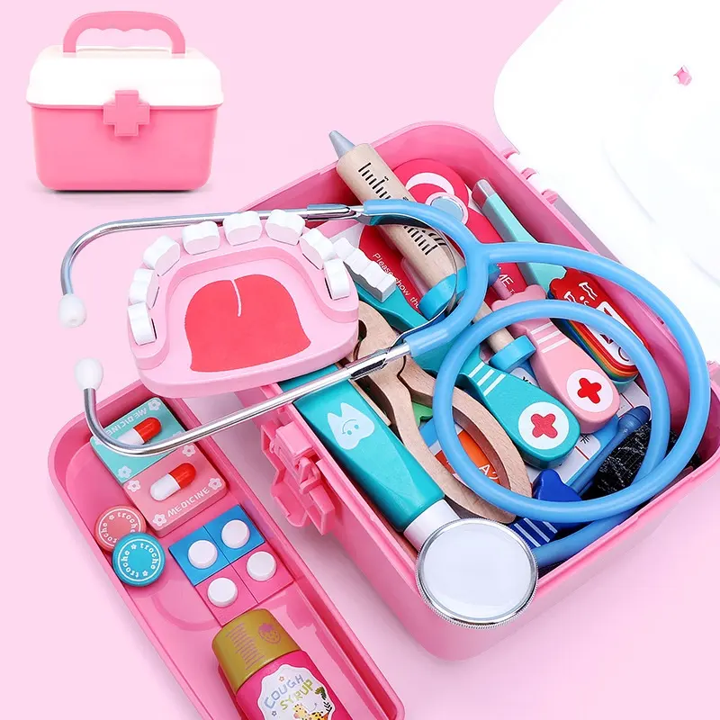 Educational Pretend Doctor Kit Wooden Children Play House Doctor Toy Set Infusion stand Portable Medical Box Toy