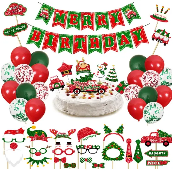 Christmas Birthday Party Supplies Decor Set Merry Birthday Banner Cake Topper Photo Booth Props Red Green Confetti Latex Balloon