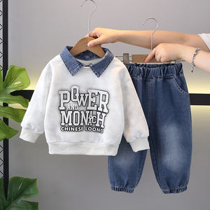 Set di Abbigliamento Casual per Bambini - Vendita all'Ingrosso di Fabbrica Felpa con Cappuccio a Maniche Lunghe Colletto in Denim Jeans in Cotone con Motivo Stampato - Product Image 5