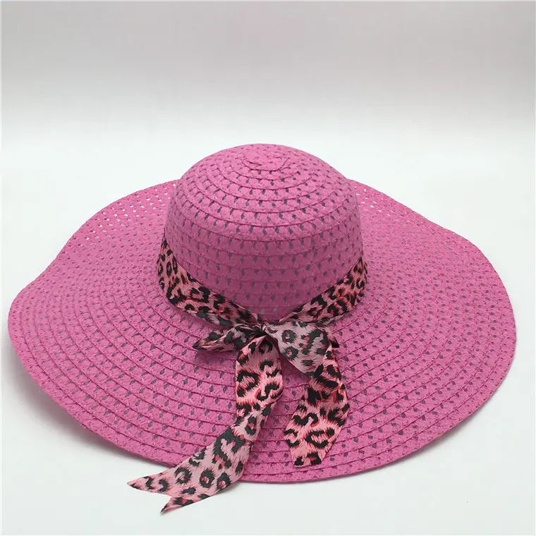 HZM-24045 ราคาถูกปีกกว้างเสือดาวโบว์ตกแต่งหมวกอาทิตย์หมวกชายหาดวันหยุดหมวกฟางพับได้หมวก