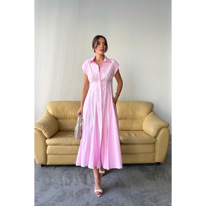 Robe en popeline rose sans manches, rembourrée, boutonnée sur le devant avec détail de plis à la taille, style bureau translucide, ODM XS-XL, longueur ras du sol - Product Image 5