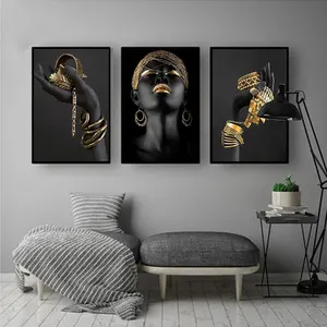 Low-cost Wholesale 3 Panels Black African Posters And Prints Wall Art Picture African Canvas Painting