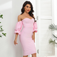 Gaun rajutan tanpa tali warna pink, model sweetheart, lengan puff, panjang lutut, potongan pensil, pinggang natural, ramah lingkungan, bergaya vintage, cocok untuk pesta, kasual, dan kencan.