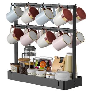 Movable Hook Coffee Cup Holder 3 Tier Black Standing Mug Rack With Storage <b>Tray</b> For <b>Kitchen</b> Utensils - Product Image 5