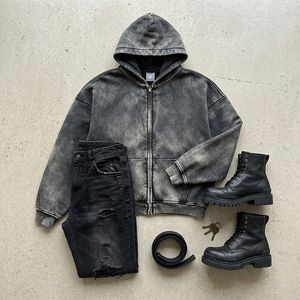 Sweat à capuche zippé épais pour homme, tendance 2026, délavé à l'acide, vintage, coupe oversize, gris anthracite, en molleton, effet usé, style streetwear - Product Image 3