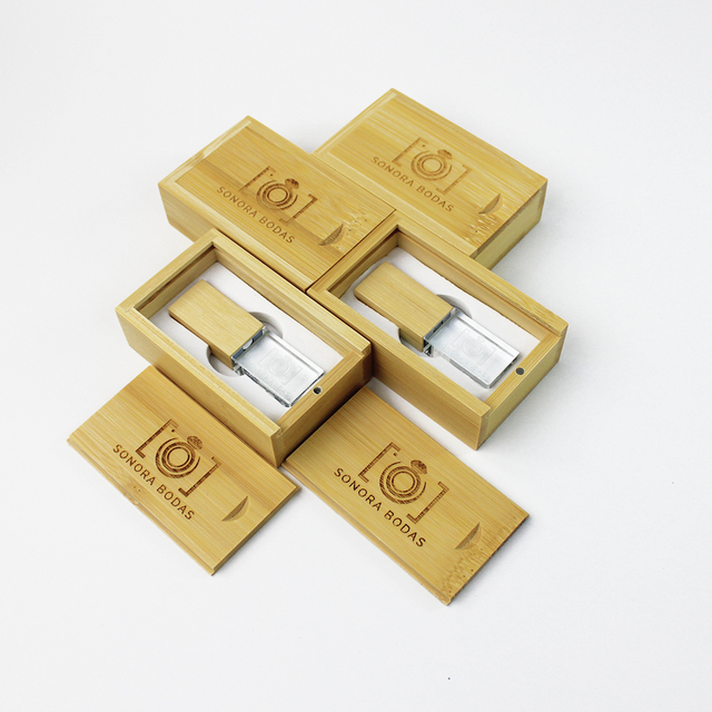Custom Logo 3D Engraved Crystal USB 3.0 Wooden Stick 1GB 64GB Glass Flash Drive Business 4GB 8GB 16GB Pendrive Wood Box Pen
