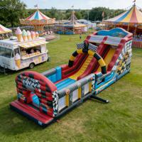 Parcours d'obstacles gonflable sur le thème des voitures de course, double toboggan, équipement de jeu d'aventure rapide pour enfants, qualité commerciale, matériau PVC sec