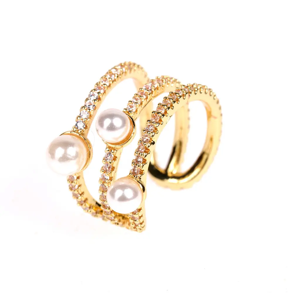 नई यूरोपीय और अमेरिकी सरल फैशन हीरा जड़ित फ्रेंच सुरुचिपूर्ण स्वभाव तीन-पंक्ति हीरा खुला अंगूठी