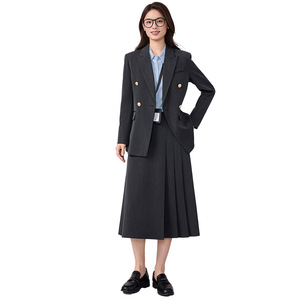 Women's Professional Suit Set Gray Double-Breasted Jacket Midi Skirt Formal Workwear Anti-Wrinkle Polyester Fabric - Product Image 5