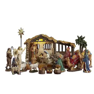 Polyresin/Resin outdoor nativity set 23 Pieces, 5-Inch The Real Life Nativity - Includes Lighted Stable, Palm Tree and Chests