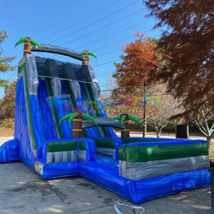 Commercial outdoor tropical party blue water slide pvc vinyl jumping bounce house inflatable water slide for sale