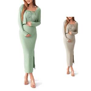 ชุดคลุมท้องสองชิ้นสำหรับหญิงตั้งครรภ์ สไตล์ยุโรปอเมริกัน เสื้อคาร์ดิแกนแขนยาวถักนิตติ้งรัดรูปทรงเข้ารูป ชุดเดรสสำหรับคุณแม่ตั้งครรภ์ - Product Image 1