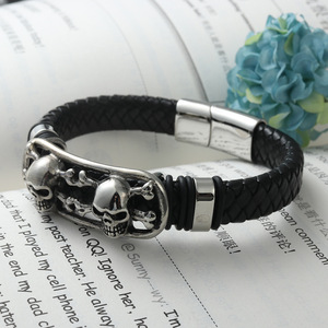 yunnique Titanium Steel Skull <b>Bracelet</b> Black <b>Leather</b> Band Fashion Jewelry Gift for Men - Product Image 3