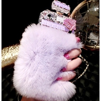 Étui de téléphone portable en fourrure de lapin douce et chaude avec bouteille de parfum en diamant incrusté de strass de luxe pour iPhone
