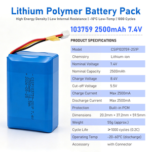 Paket Baterai Li-Polymer 7.4V 2500mAh 103759 Sel Baterai Lithium Ion 3.7V 2500mAh 2S1P Baterai LiPo 7.4V 2.5Ah - Product Image 4