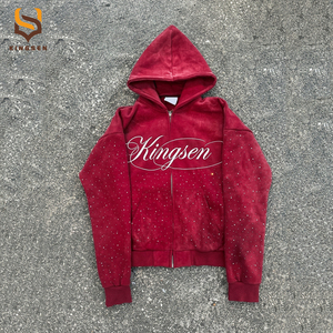Fabricante de Ropa Personalizada OEM, Conjunto de Sudadera con Cremallera y Efecto Ácido, Pantalones Deportivos Holgados con Logotipo Impreso en DTG y Pedrería - Product Image 2