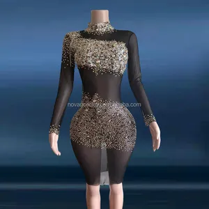 Novance Y2468 New Fashion Clothing Shinny Diamond Crystal See Through Black Dress For Women 2021 Casual Party Club Sexy Costumes