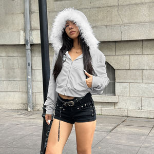 INS Style Y2K Streetwear Faux Fur Hooded <b>Zip</b> <b>Hoodie</b> Women <b>Cropped</b> Slim Fit High Street Chic Sweatshirt Jacket - Product Image 6
