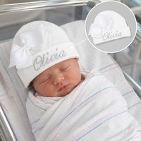 Gorro de Bebé de Algodón Blanco con Lazo, Suave, Transpirable y Amigable con la Piel, Tejido, para Recién Nacidos, Protege la Fontanela, Venta al por Mayor de Fábrica/OEM
