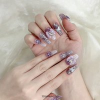 Faux Ongles Cercueil Luxe Violet Dégradé avec Fleurs 3D, Papillons et Chaînes Diamantées en PMMA, Réutilisables et Faits Main pour Doigts